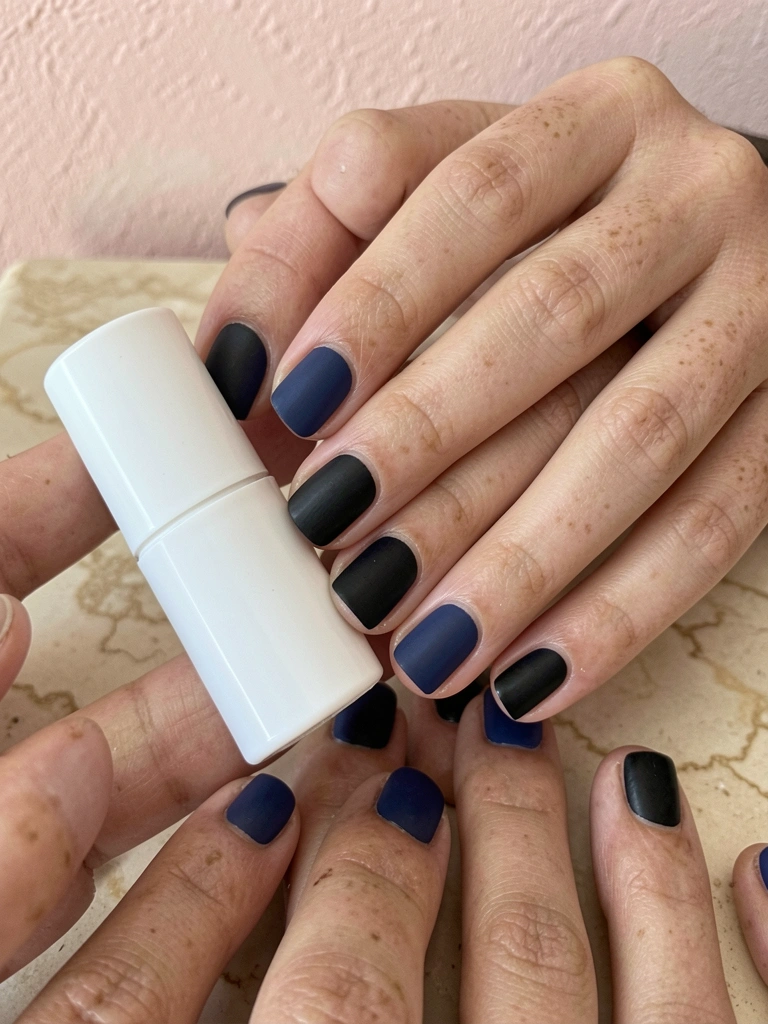 Close lateral de unhas curtas pintadas de azul-marinho e preto fosco, com cantos limpos