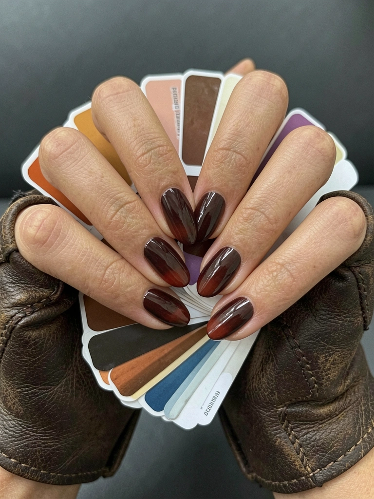 Mãos sobrepostas com esmaltes quentes e frios, ao lado de leque de cores