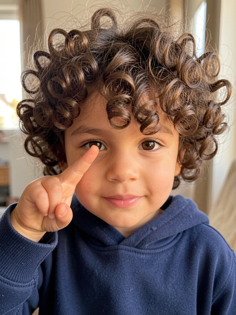 Criança com cabelo cacheado volumoso fazendo sinal de paz, suéter azul escuro, luz natural suave e fundo levemente desfocado.