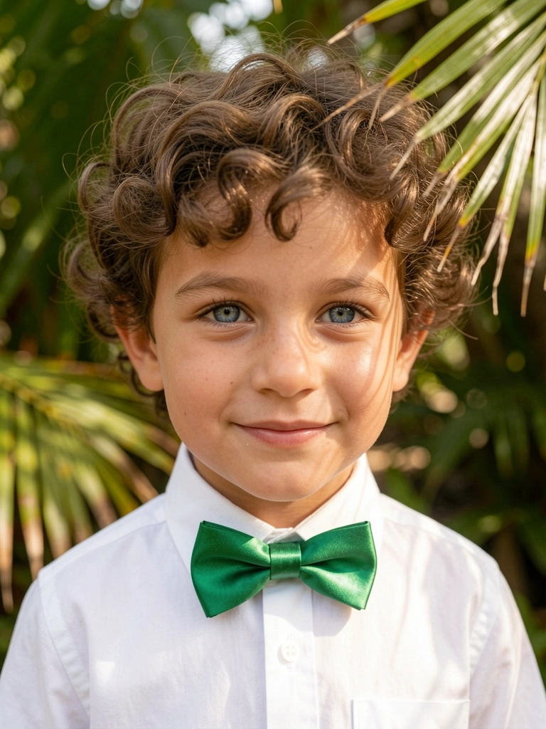 Menino de cabelo cacheado e camisa branca com gravata borboleta verde, luz natural filtrada por folhas ao fundo.