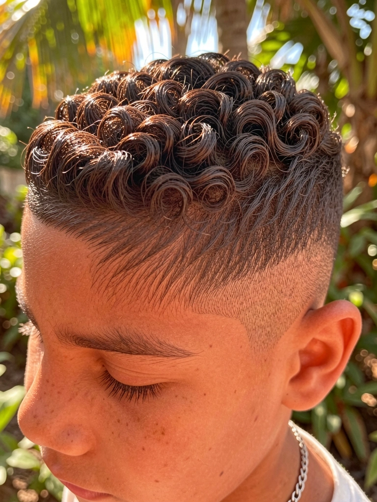 Primeiríssimo plano de cabelo cacheado com fade texturizado e corrente prateada, luz natural e folhagem desfocada ao fundo.