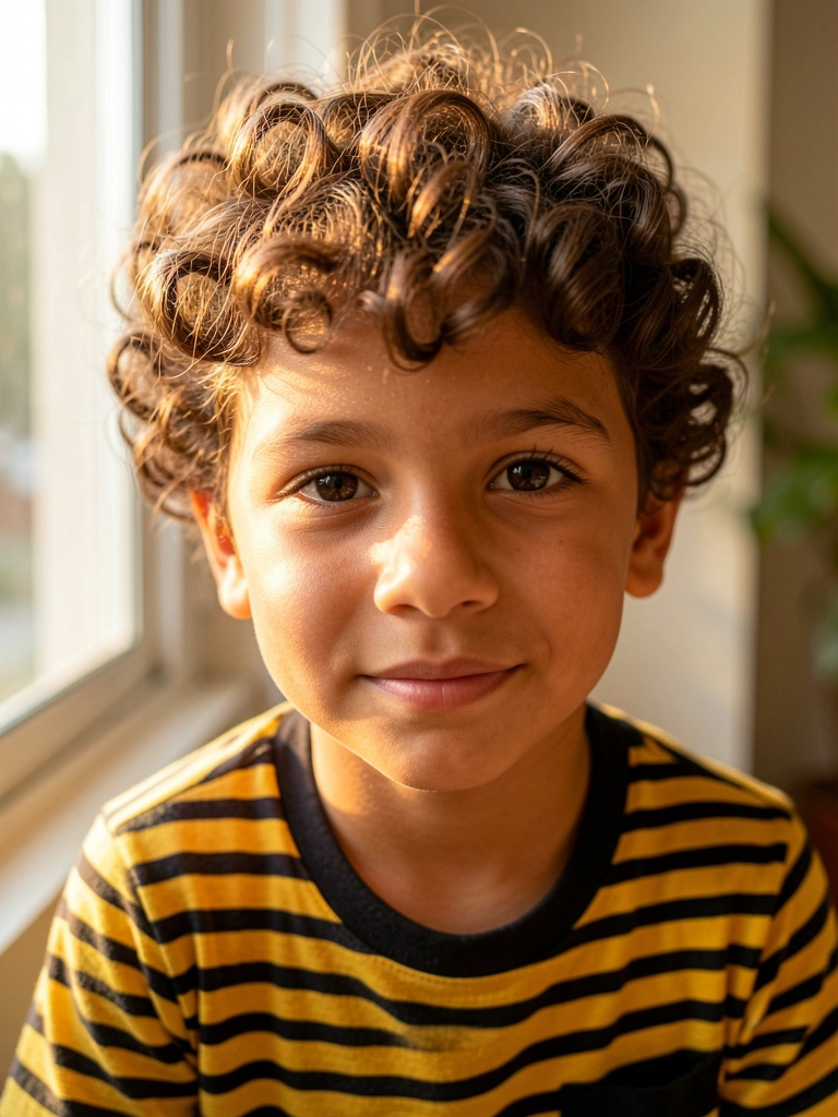 Menino de cabelo cacheado e listras amarelas e pretas, iluminado por luz dourada de janela, fundo desfocado.