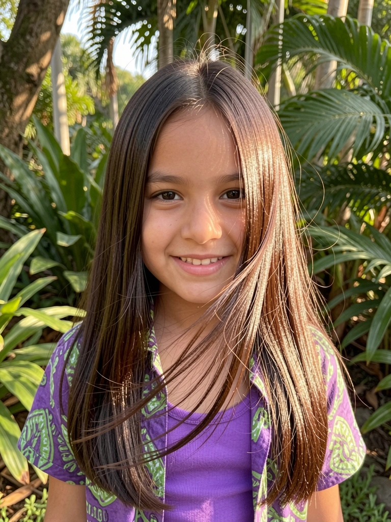 Jovem de cabelo castanho escuro liso e brilhante, camisa roxa e verde, sorrindo para a câmera, com folhagem tropical desfocada ao fundo.
