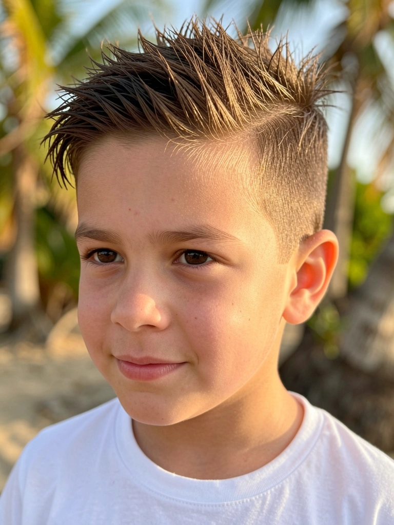 Menino jovem com cabelo castanho texturizado e parte lateral precisa, camiseta branca, luz natural suave e fundo levemente ventilado.