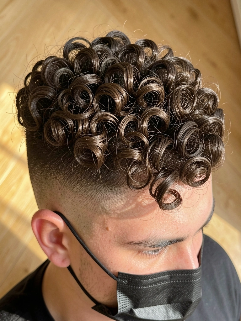 Jovem com cabelo cacheado volumoso e corte undercut, máscara preta, luz natural de janela sobre piso de madeira.