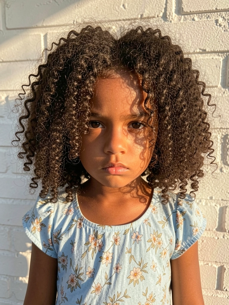 Menina de cabelos crespos volumosos e vestido floral azul claro, olhando séria para a câmera com parede de tijolos brancos iluminada por luz natural.