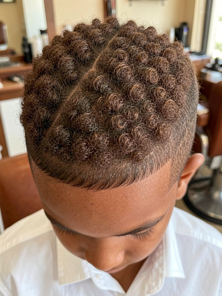 Cabelo afro crespo marrom-escuro com undercut geométrico e risca definida, camisa branca e luz natural difusa.