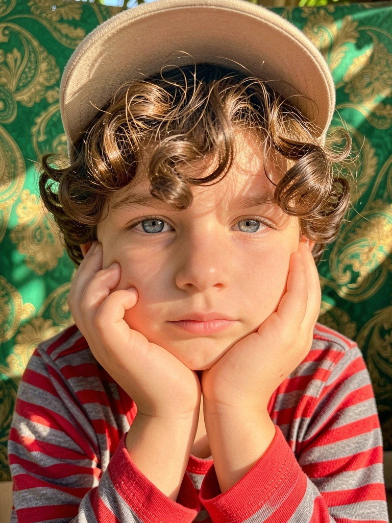 Menino de cabelo cacheado castanho e olhos azuis, apoiando o queixo na mão, camisa listrada vermelha e cinza, boné bege, luz natural suave, fundo com tecido verde e dourado.