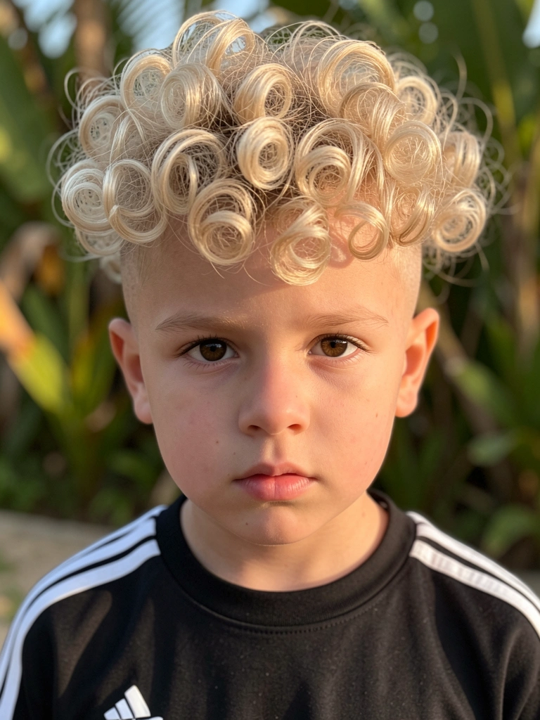 Menino com cabelo loiro encaracolado e corte undercut, camiseta preta da Adidas, luz natural suave e folhagem ao fundo desfocada.