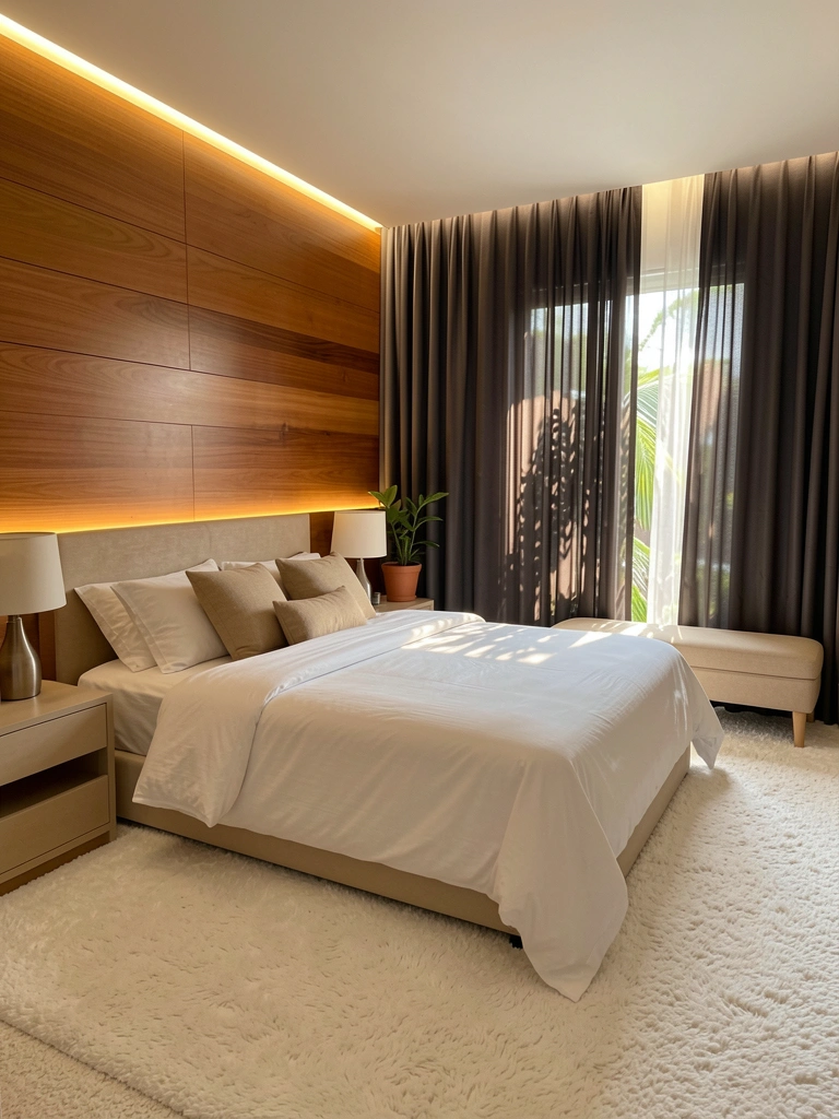 Painéis de madeira horizontal iluminados por LED, cama king-size com roupa de cama branca e almofadas bege, cortina preta e planta no criado-mudo, luz solar filtrada.