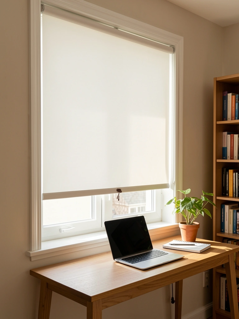 Persiana branca de rolo estendida sobre janela em quarto, com mesa de madeira, laptop, vaso de planta e estante de livros ao fundo, iluminado por luz natural.