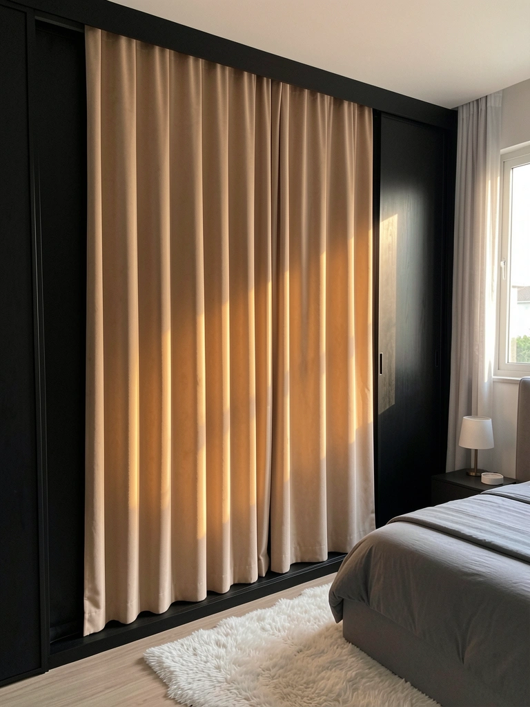 Guarda-roupa preto imponente com cortina blackout bege suavemente drapeada, luz ambiente destacando a textura do tecido e a madeira escura, cama com cabeceira cinza e tapete branco felpudo.