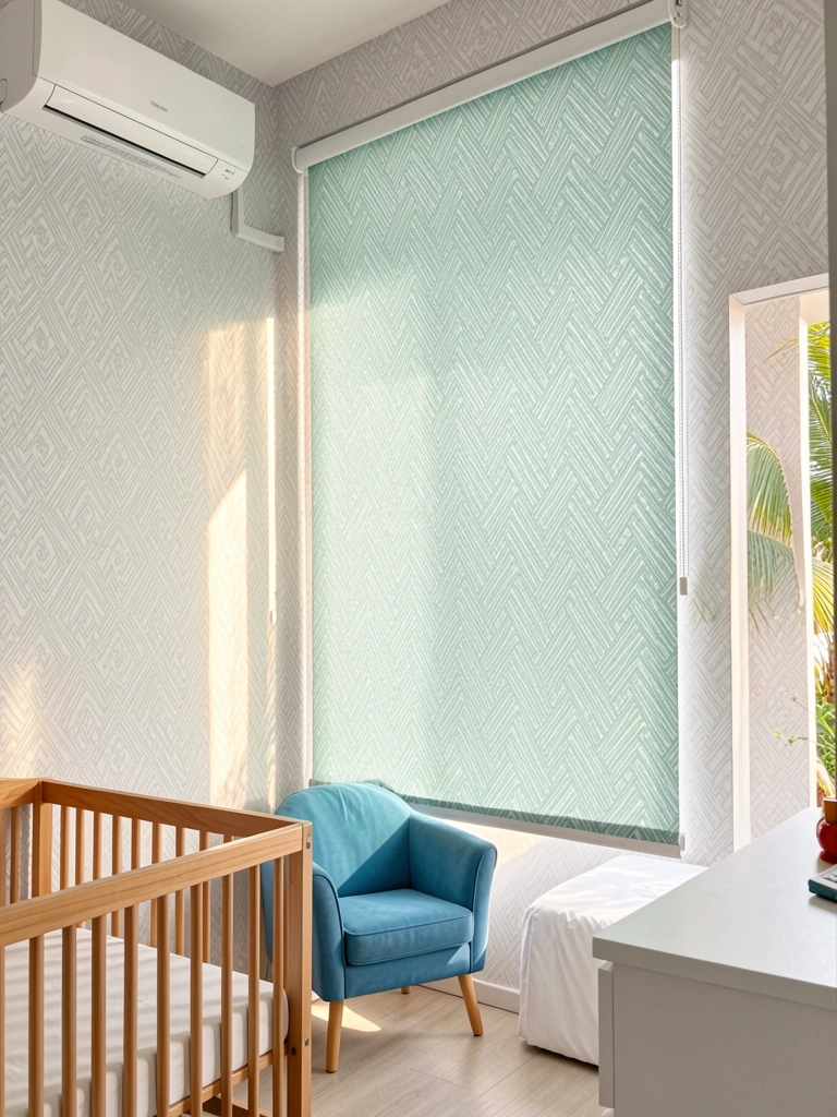 Persiana teal com padrão geométrico em quarto com papel de parede cinza e branco, berço de madeira e ar-condicionado ao fundo.