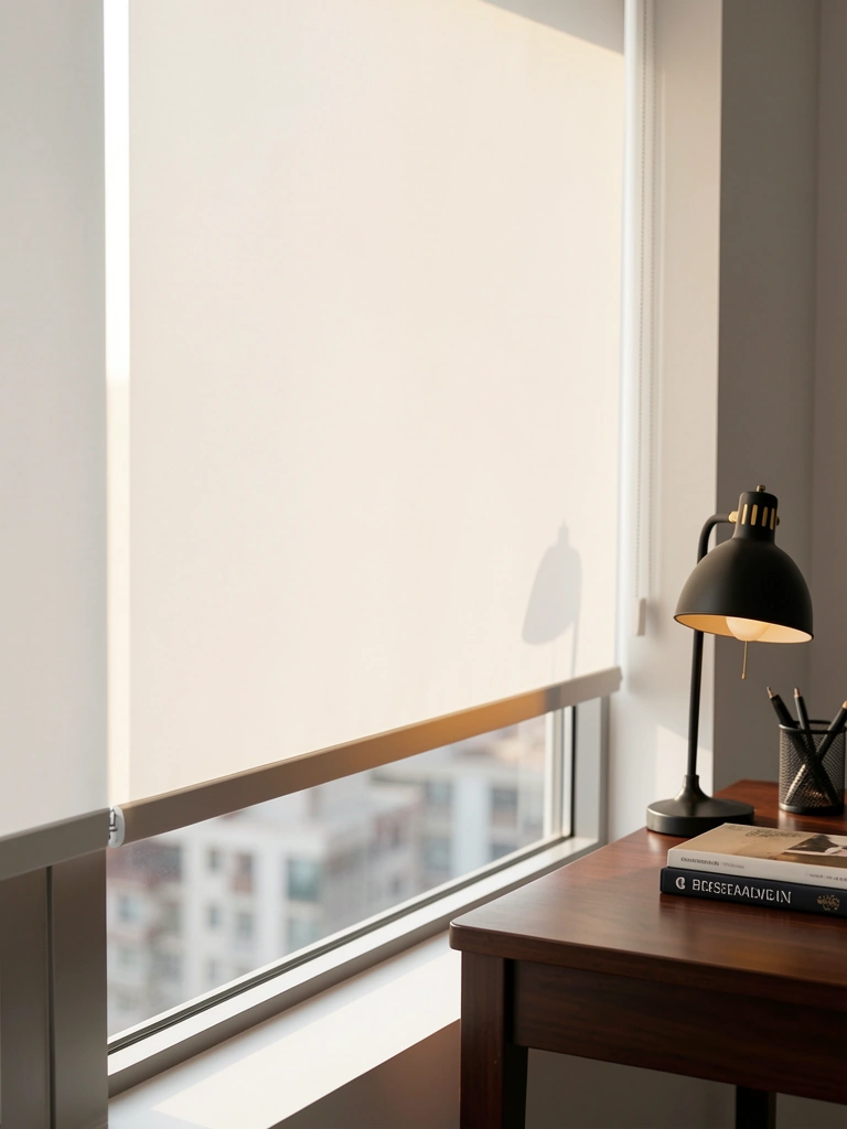 Persiana branca lisa em janela minimalista, com foco na textura do tecido e luz natural, sobre mesa escura com abajur preto e livros.