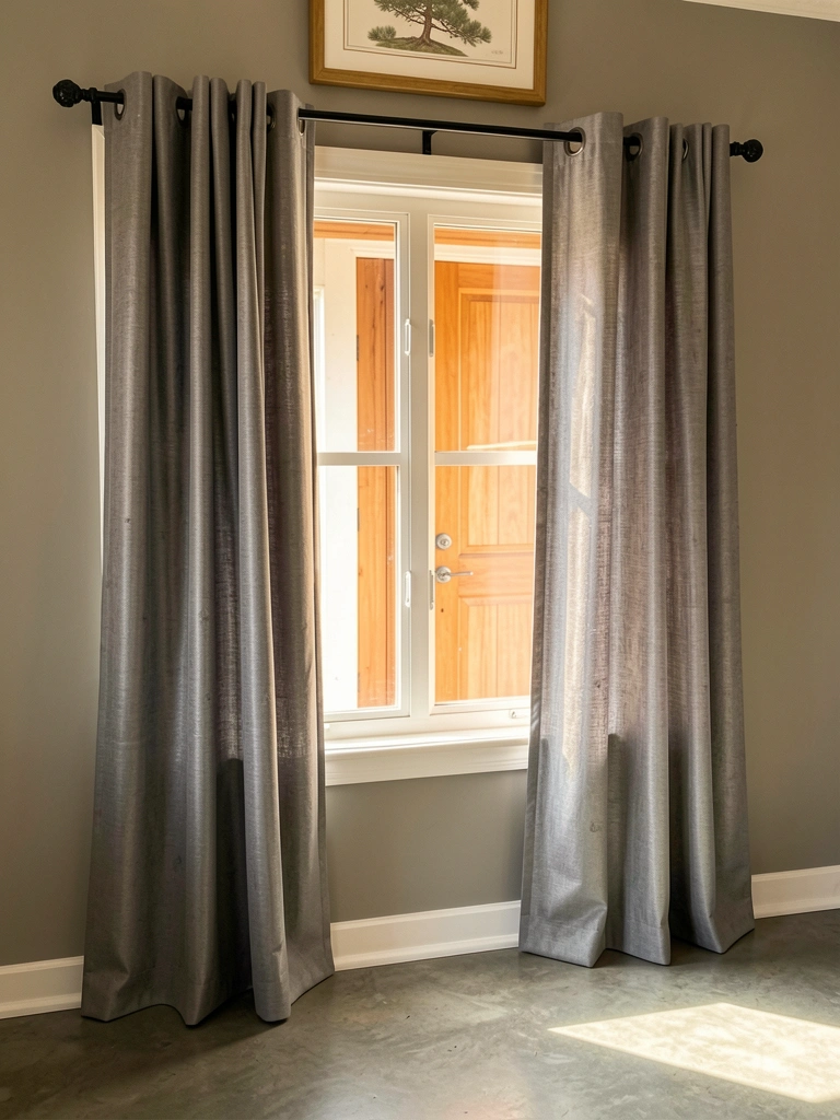 Cortinas cinza até o chão em argolas pretas, janela com moldura branca, moldura de pinheiro acima, luz natural suave.