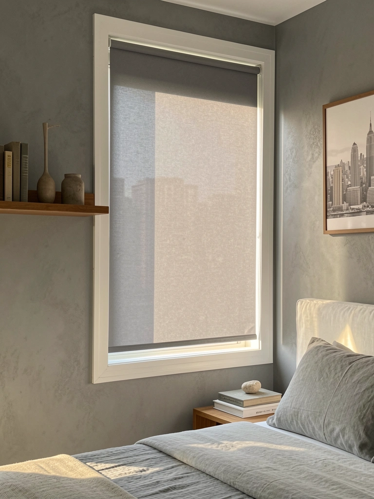 Persiana de PVC cinza fechada em janela de quarto, parede texturizada, quadro do horizonte de Nova York, cama com cabeceira de linho branco e estante com livros.