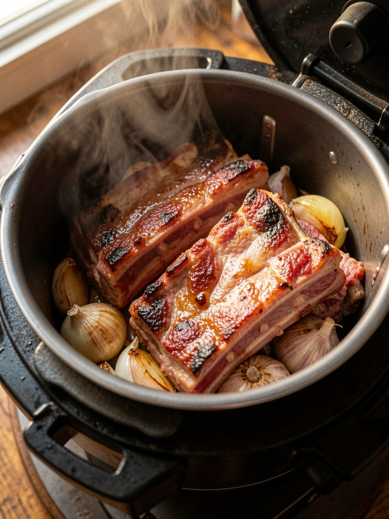 Panela de pressão sobre fogão com costela suína, alho e cebola.