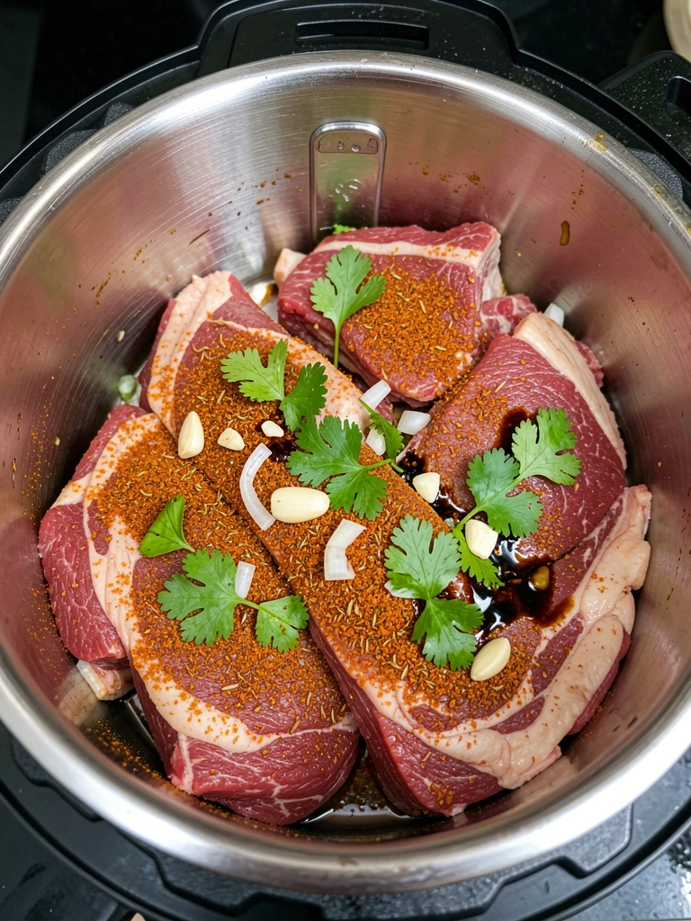Ingredientes para costela na pressão dispostos em uma bancada: costela, alho, cebola, páprica e shoyu.