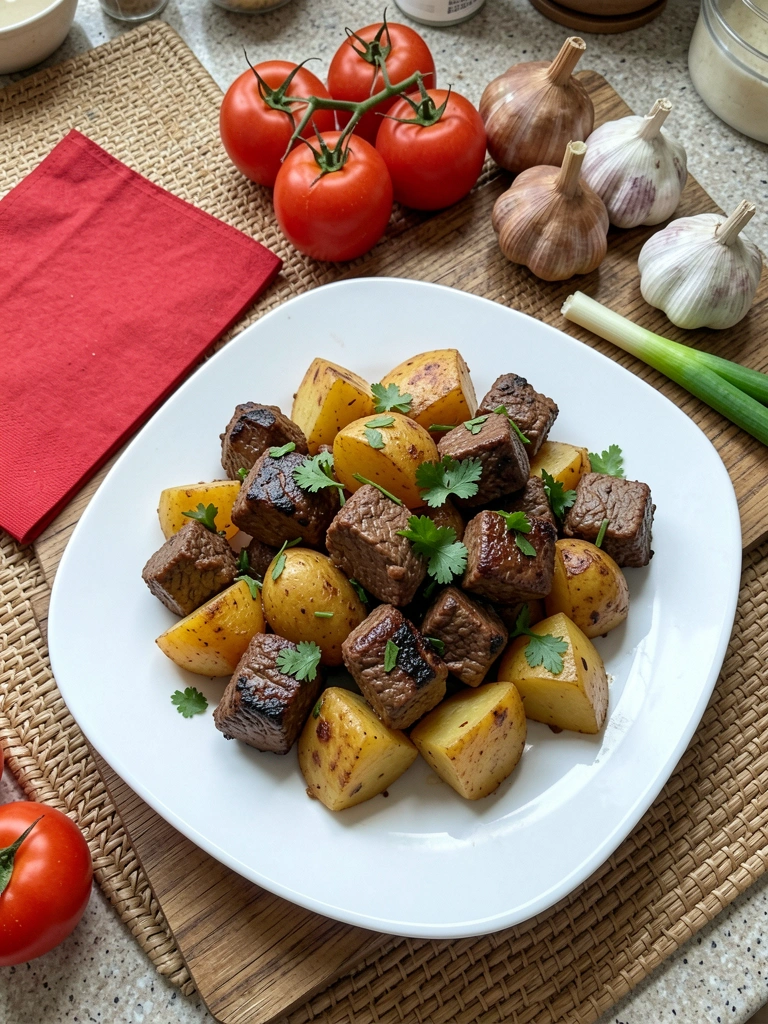 Costelinhas de porco douradas sobre mandioca cozida em panela de ferro, com cheiro-verde picado.