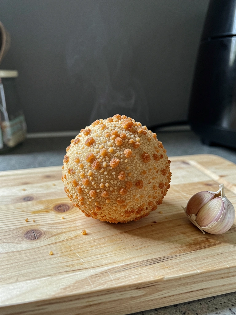 Coxinha dourada em cesto da airfryer com vapor sutil saindo, sobre bancada de cozinha