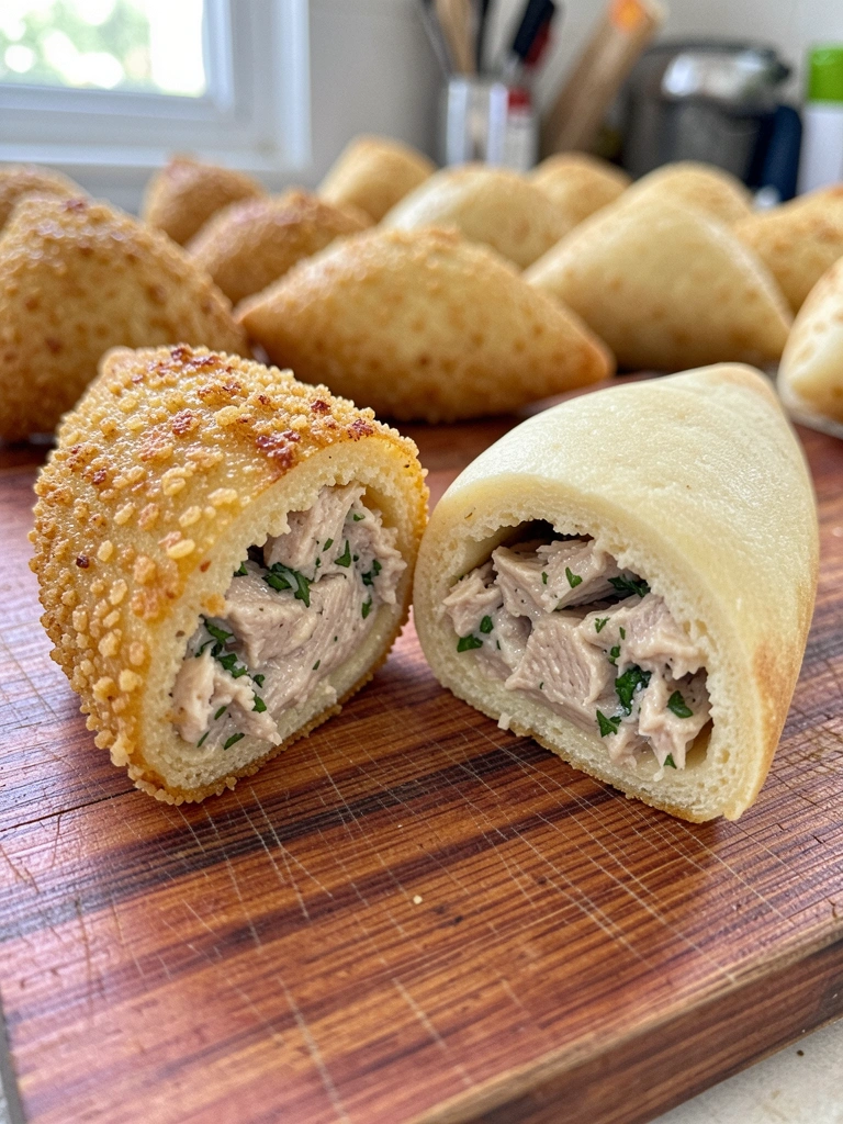 Duas coxinhas lado a lado: uma frita dourada e outra assada mais clara, sobre superfície neutra.