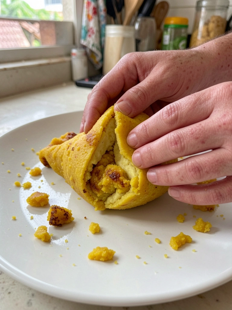Mãos modelando massa de coxinha sobre bancada com batata-doce amassada ao lado