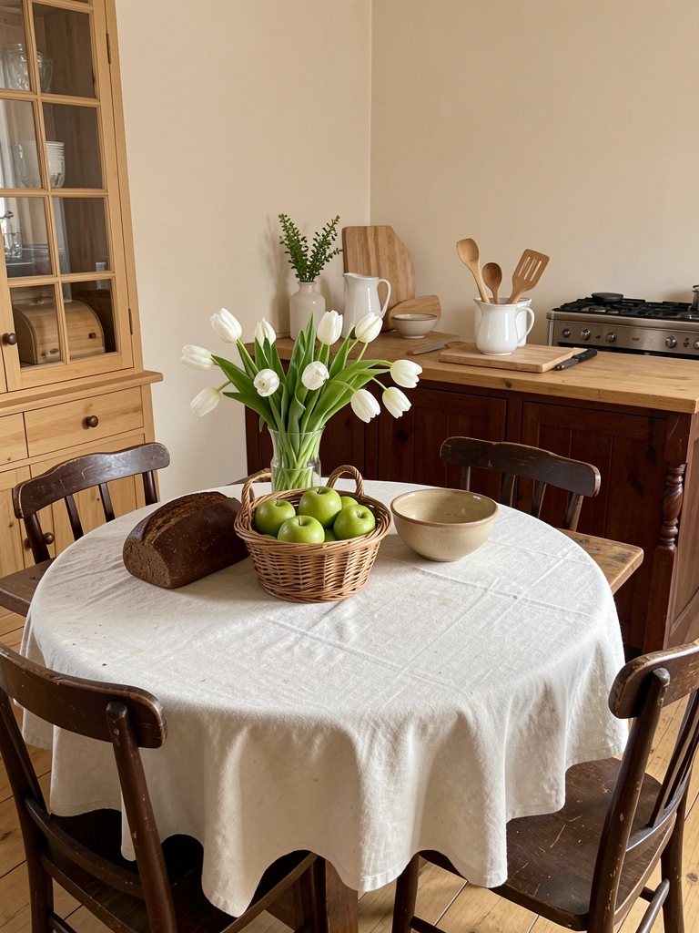 Cozinha em L com mesa de jantar de madeira e cadeiras de palha