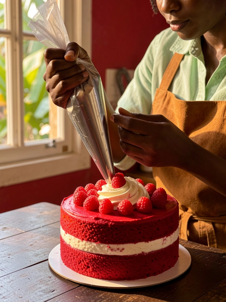 Luz natural incide sobre mãos negras com saco de confeitar de aço inoxidável finalizando bolo de camadas vermelhas com creme branco e framboesas.