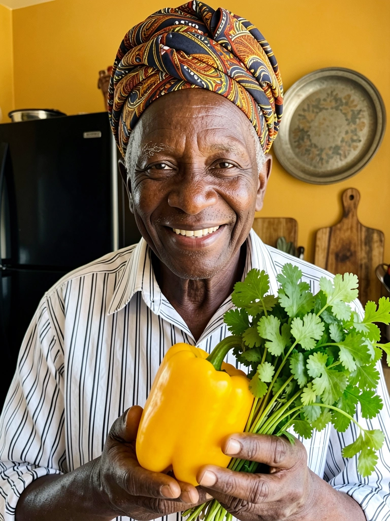 Homem negro idoso com turbante colorido e camisa listrada, segurando pimentão amarelo e coentro fresco, cozinha com paredes douradas e geladeira preta ao fundo.