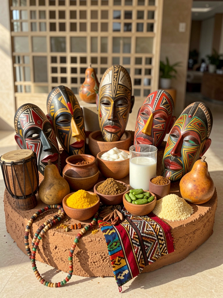 Máscaras africanas coloridas com padrões geométricos, tecidos têxteis, vasos cerâmicos e ingredientes como dendê e quiabo sobre base terrosa, iluminados por luz natural com tambores e cabaças decorativas ao redor.