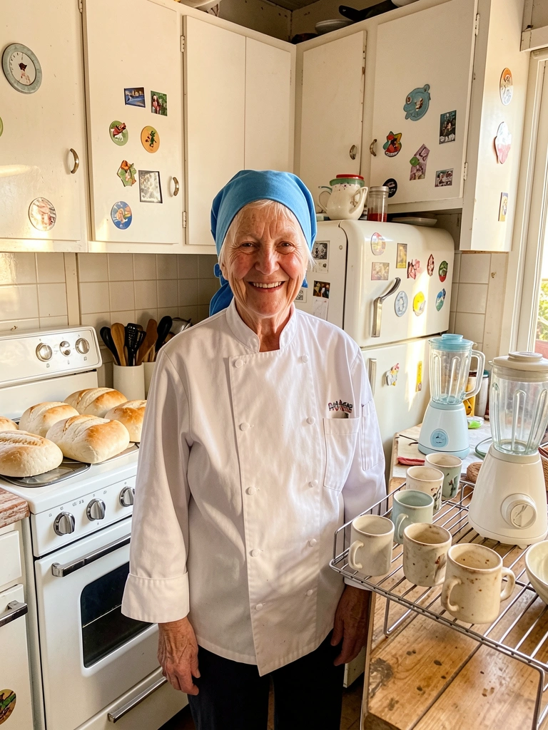 Idosa sorridente de jaleco branco e lenço azul em cozinha com geladeira retrô e pães, luz natural.