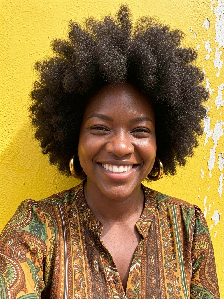 Mulher negra com cabelo afro volumoso e sorriso genuíno, blusa estampada e brincos grandes de argola dourada, parede amarela texturizada com tinta descascando, luz natural suave.
