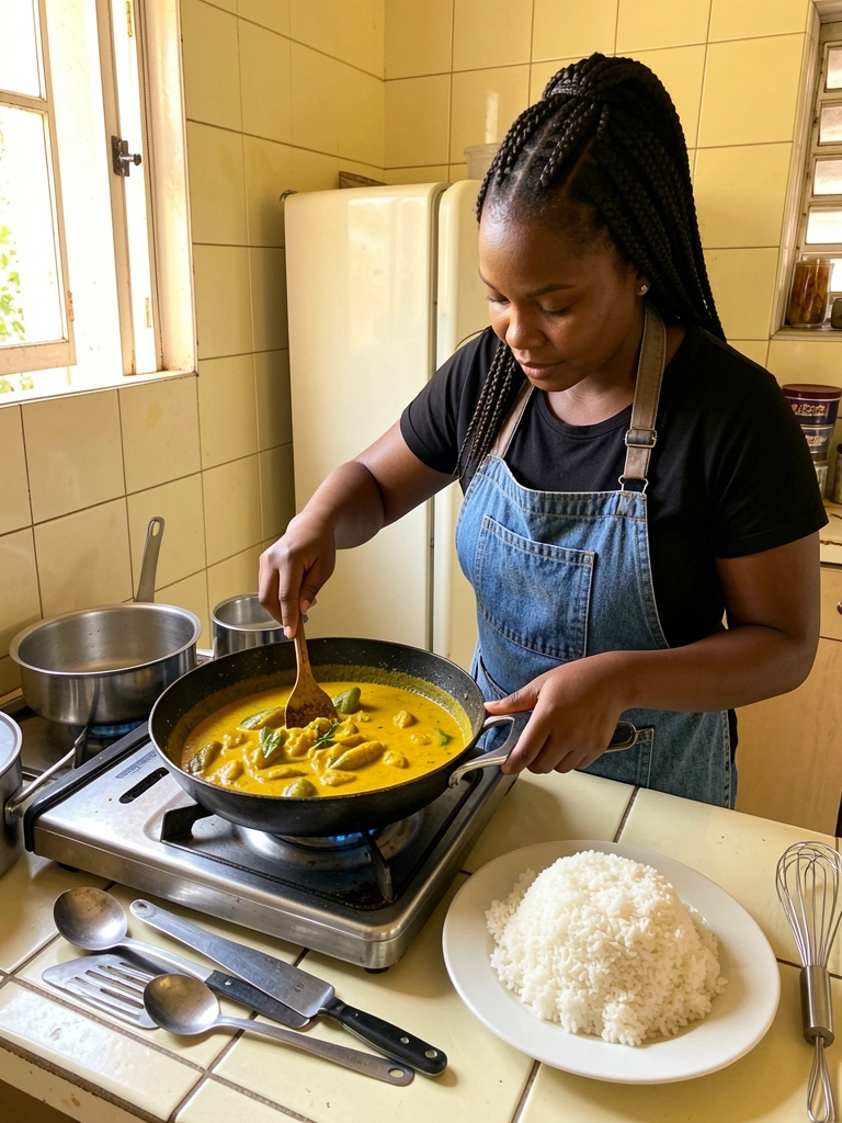 Mão de mulher negra com tranças e avental jeans mexe curry amarelo em frigideira sobre fogão de aço inox, com arroz branco em prato ao lado e utensílios dispostos, luz natural.