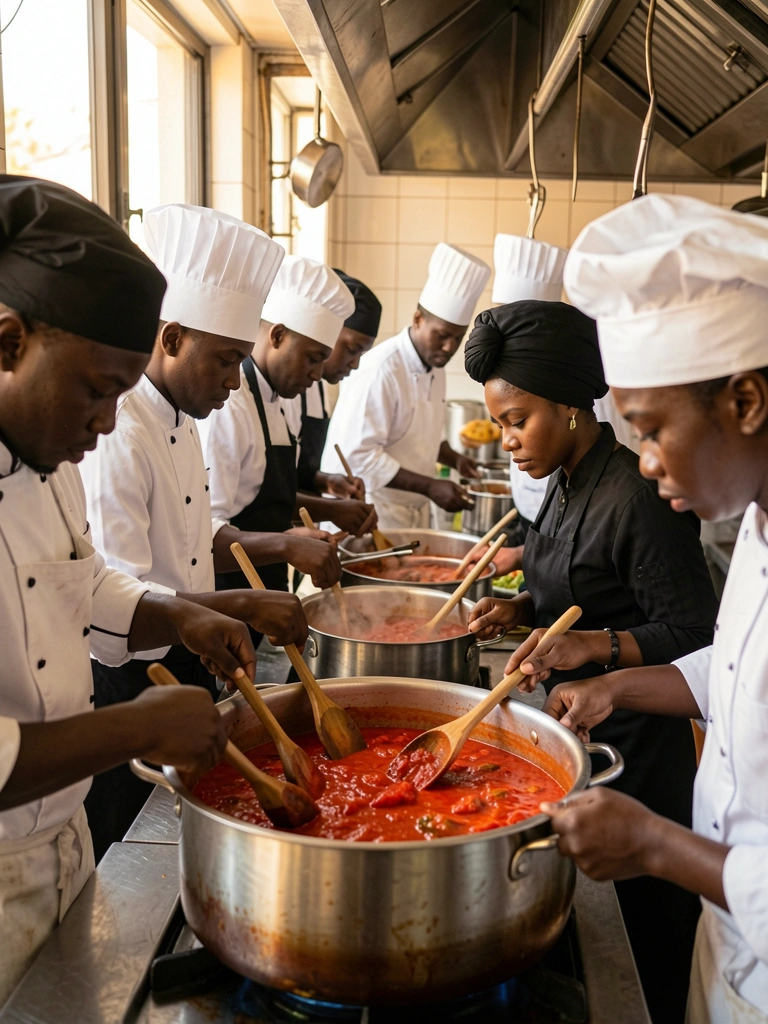 Luz natural incide sobre panelão de ensopado vermelho sendo mexido por chefs negros em cozinha profissional de aço inoxidável.