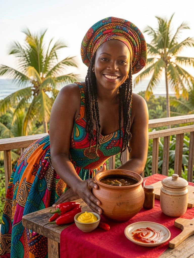 Mulher negra com turbante e vestido coloridos segura uma panela de barro com ensopado sobre mesa rústica de madeira, com pimentas e um pote de mostarda ao lado, ao fundo paisagem tropical com palmeiras e mar sob luz dourada.