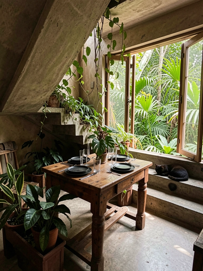 Mesa rústica de madeira com pratos escuros e talheres, escada de concreto com folhagens e gato preto no degrau, janela ampla com vista para selva.