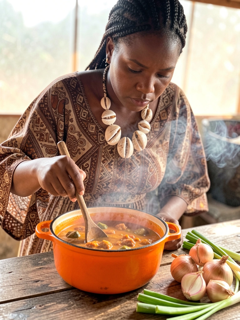 Mulher negra de tranças mexe um caldo laranja em panela de barro com colher de pau, colares de conchas sobre vestido estampado, cebolas e cebolinhas sobre mesa rústica, fumaça sob luz natural.