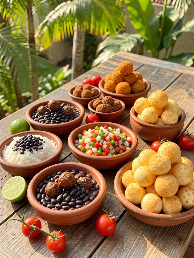 Tigelas de barro com arroz, feijão, bolinhos e salsa colorida sobre mesa rústica de madeira, luz natural tropical.