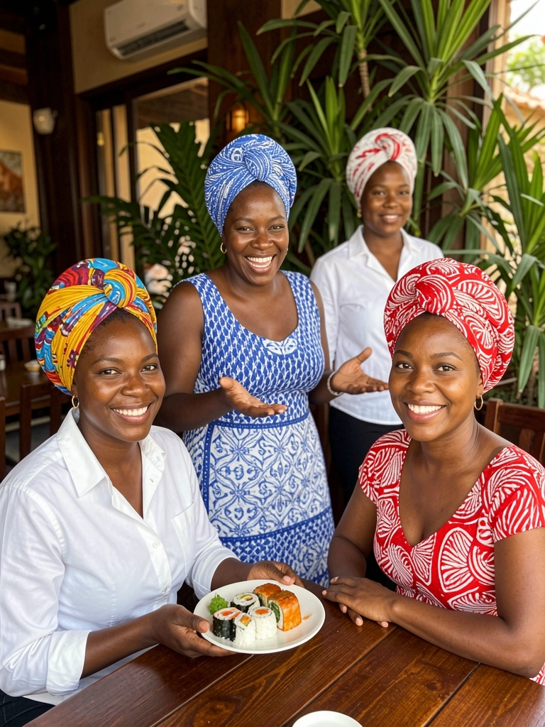 Quatro mulheres negras com headwraps coloridas em restaurante com plantas e mesa de madeira escura, uma delas segurando sushi.