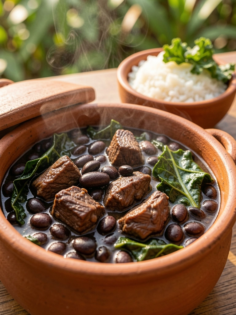 Panela de barro com feijoada preta, carne e couve, arroz branco em cumbuca de cerâmica, luz natural e folhagens ao fundo.