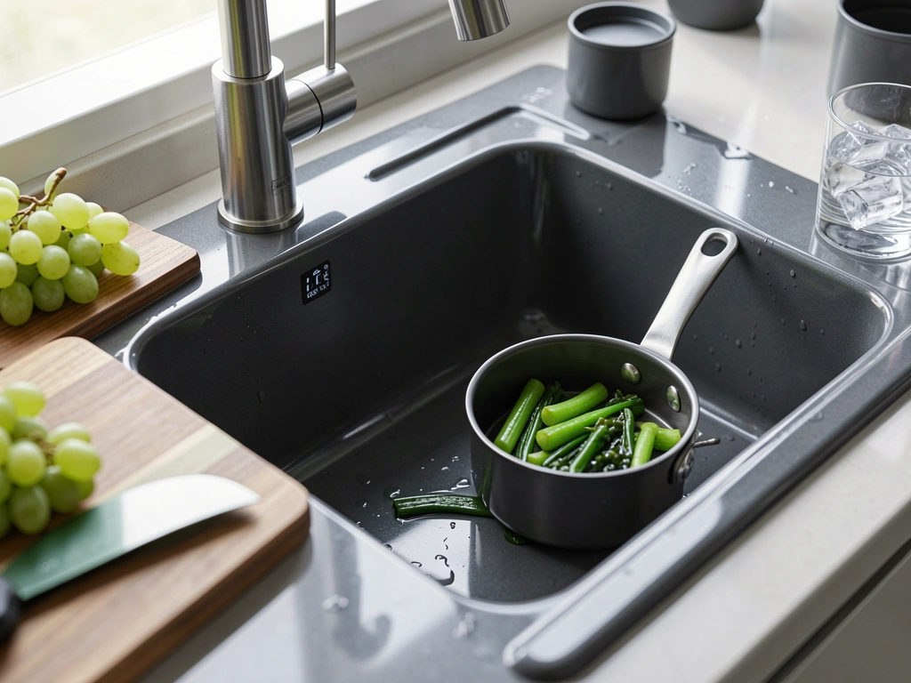 Pia de compósito cinza escuro com torneira de aço inox e display digital, tábua de madeira com faca e uvas verdes, copo de água com gelo e panela com legumes.