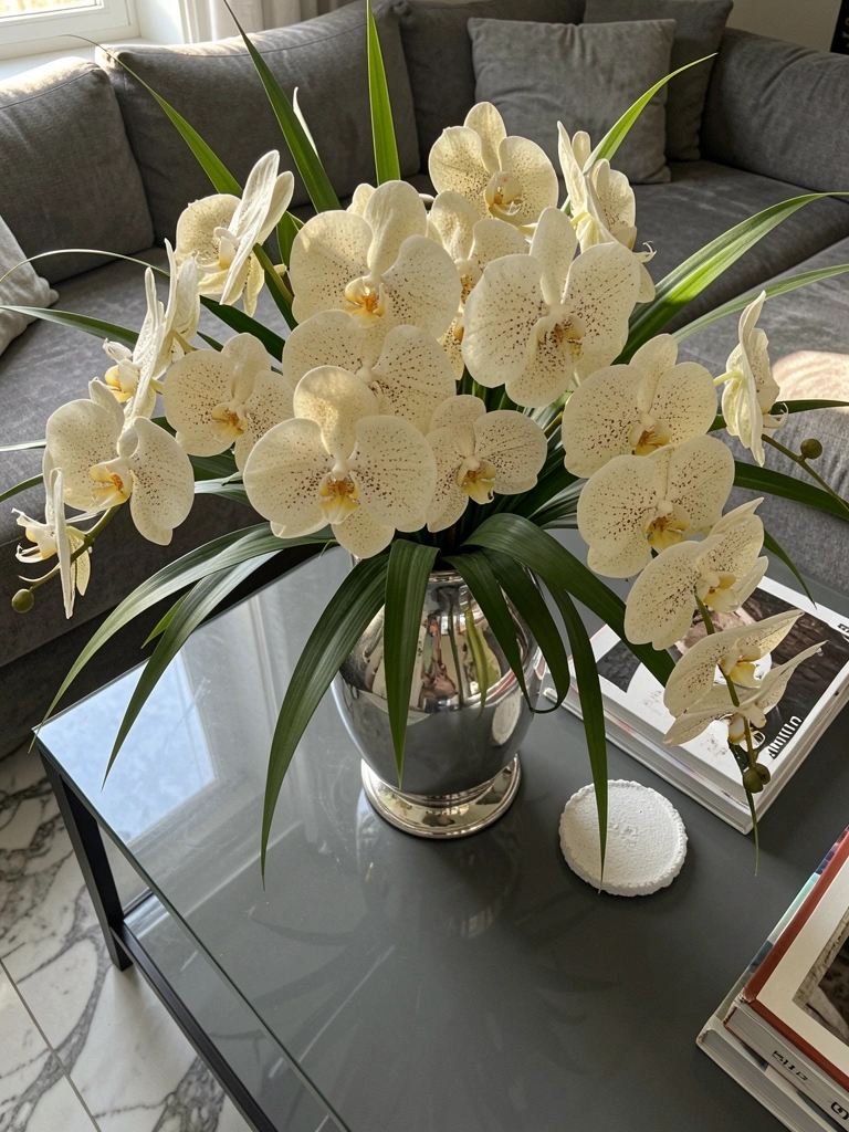 Cacho de orquídeas brancas com pétalas salpicadas em vaso prateado polido sobre mesa de vidro cinza escuro, refletindo sofá e livros.