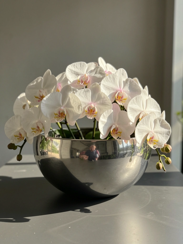 Orquídeas brancas com detalhes rosados em tigela prateada refletiva sobre superfície cinza-escura, luz natural difusa.