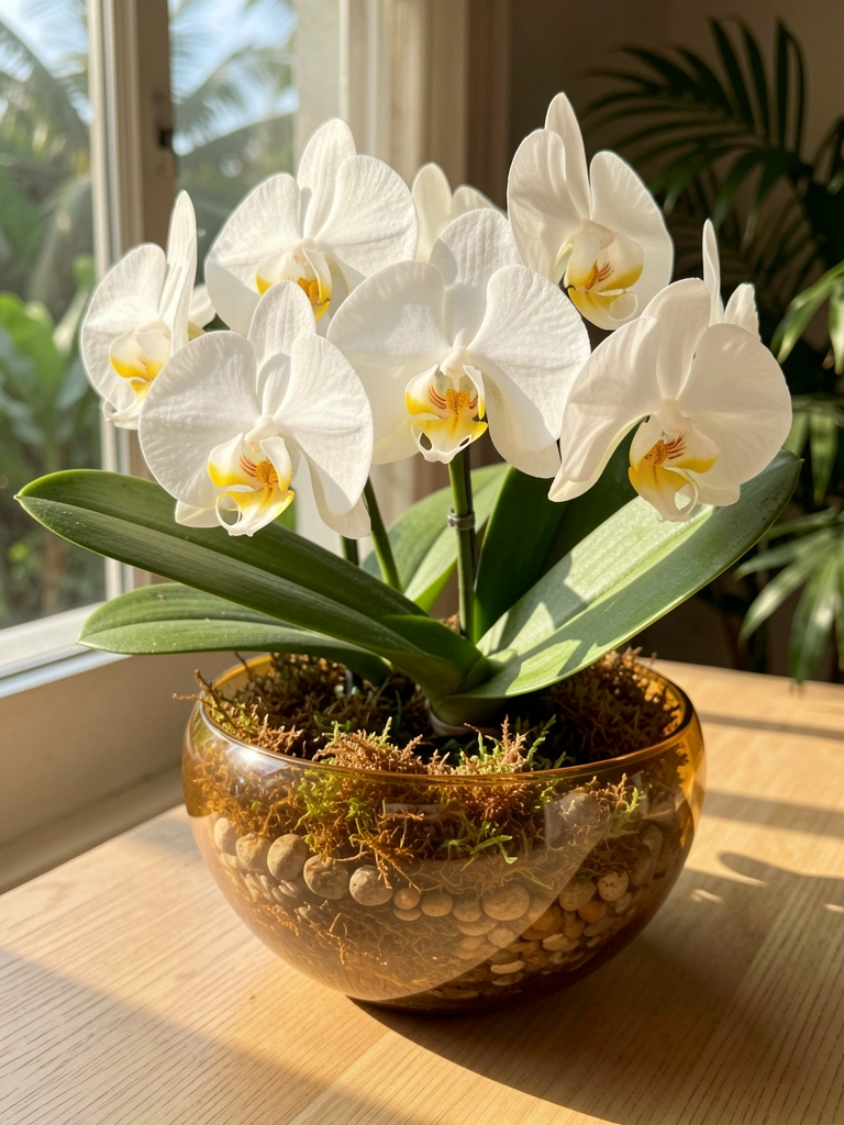 Orquídeas brancas com detalhes amarelos em tigela âmbar sobre mesa de madeira clara, luz natural destacando texturas do musgo e pétalas.