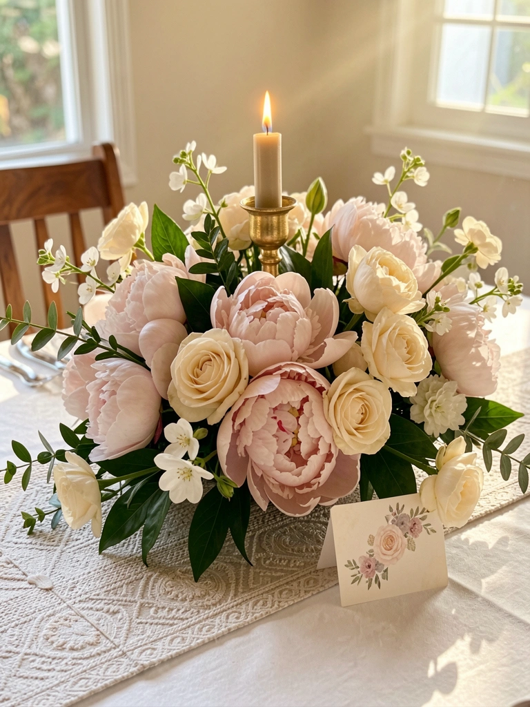 Grande arranjo floral com peônias rosadas, rosas creme e folhagens sobre toalha de mesa branca, castiçal dourado aceso e cartão de lugar floral, luz natural suave.
