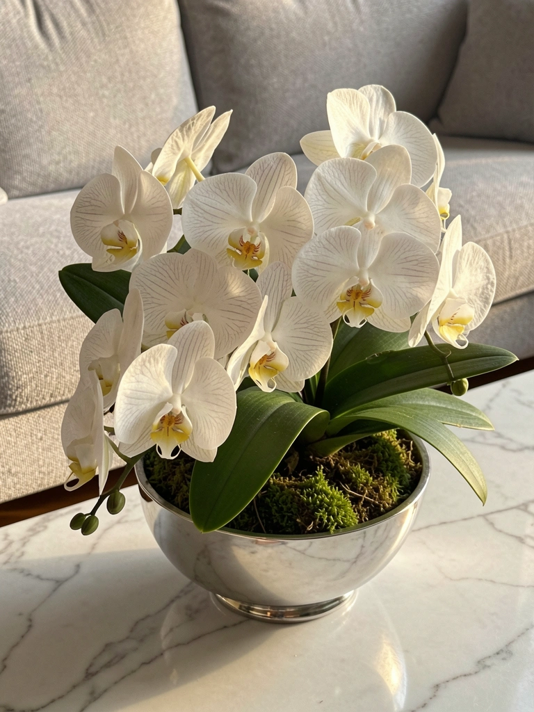 Vaso prateado com orquídeas brancas detalhadas sobre mármore refletivo, sofá cinza claro texturizado e luz natural suave.