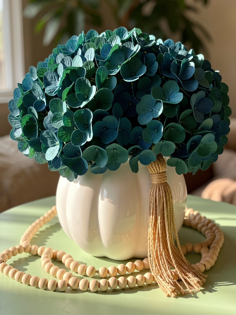 Glossy white ceramic pumpkin planter overflowing with deep teal and blue artificial hydrangeas, jute tassel hanging from rim, light wood beaded garland draped on pale green table, warm daylight and soft shadows.
