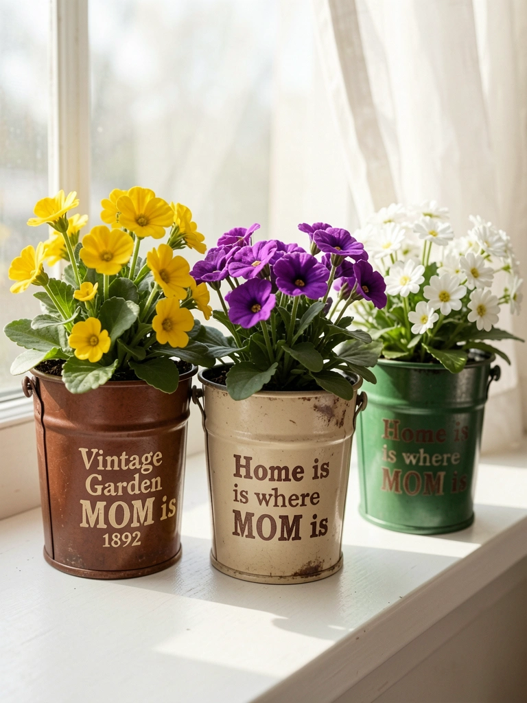 Vasos de metal envelhecido com flores amarelas, roxas e brancas sobre peitoril claro, luz solar suave destacando pétalas e textura dos baldes.