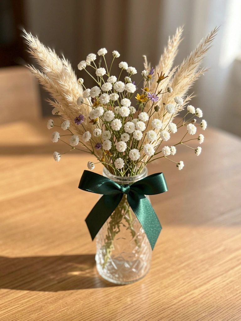 Buquê miniatura de mosquitinho, flores silvestres e capim-dos-pampas em frasco de vidro transparente com laço de fita verde-escura, sobre mesa de madeira clara, luz natural suave.
