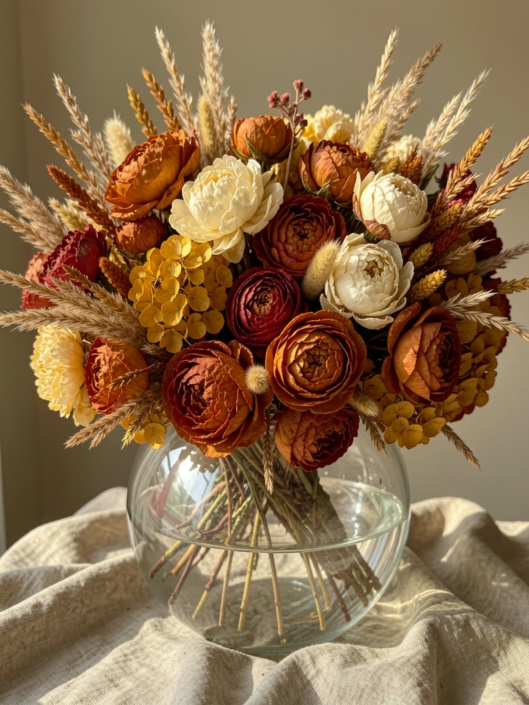 Vaso de vidro esférico com buquê denso de flores secas em laranja, vermelho, amarelo e branco, sobre linho texturizado, iluminado por luz natural.